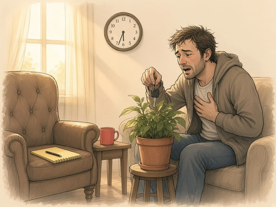 Ryan on the couch, pouring his heart out to a potted plant beside Dr Doug Deeper’s empty armchair.