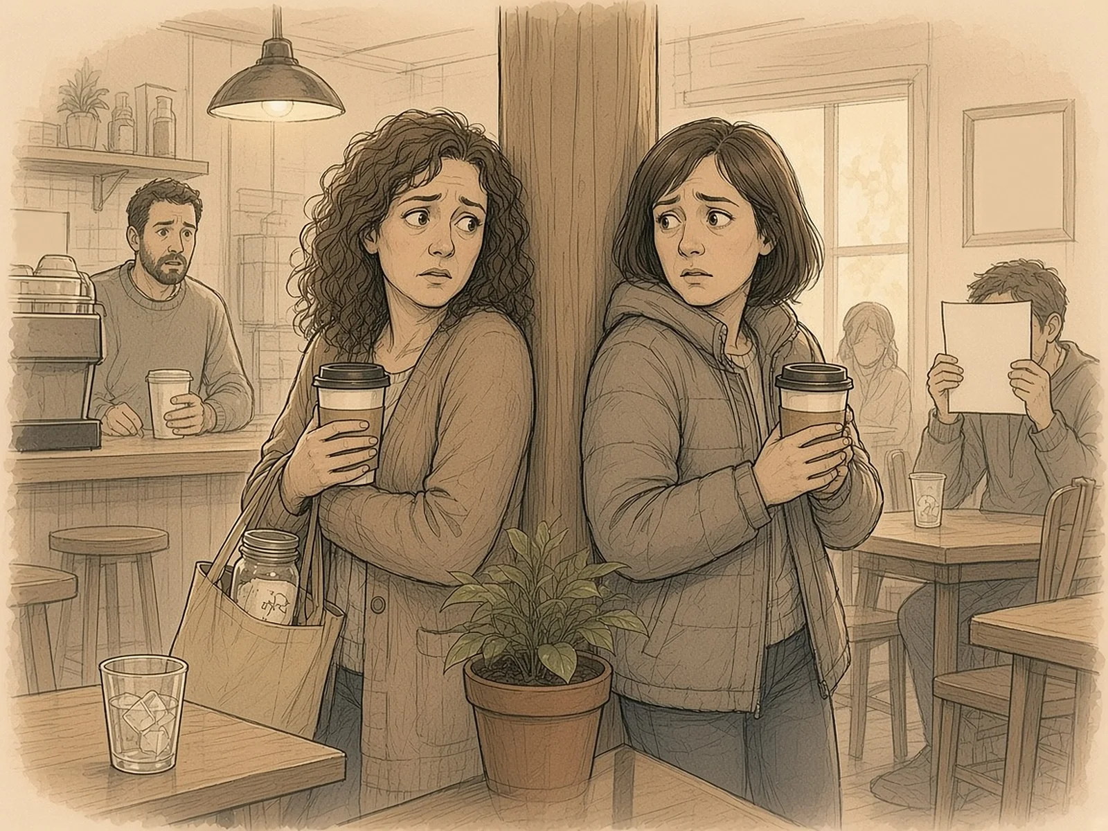 Two women clutching coffees hide behind the same wooden pillar in a cafe, back to back and each unaware of the other, while a barista watches, a sourdough jar pokes out of a tote bag and a glass of ice sits on a nearby table.