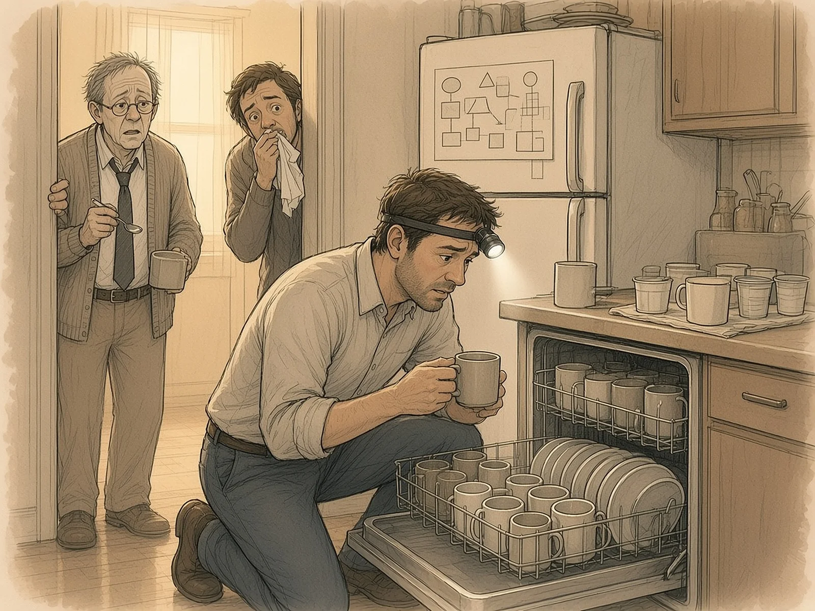 A man wearing a headlamp kneels at an open office dishwasher, studying a mug with surgical focus beside rows of perfectly sorted mugs and a taped-up diagram of shapes, as a teary colleague peeks in and Dr Doug Deeper stands frozen in the doorway holding one spoon.