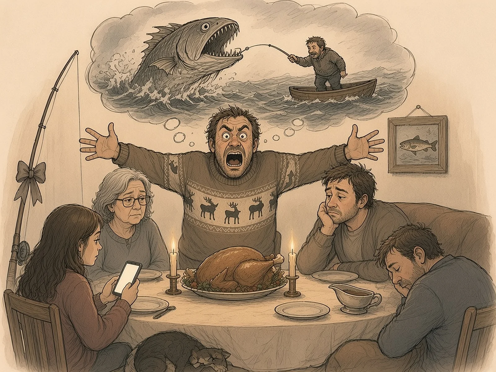 A man in a reindeer sweater stands at a Christmas dinner table with his arms spread impossibly wide, a thought cloud above him showing a giant monster fish attacking his tiny boat, while his bored family nods, scrolls a phone and dozes, and a small framed photo of a tiny trout hangs on the wall.