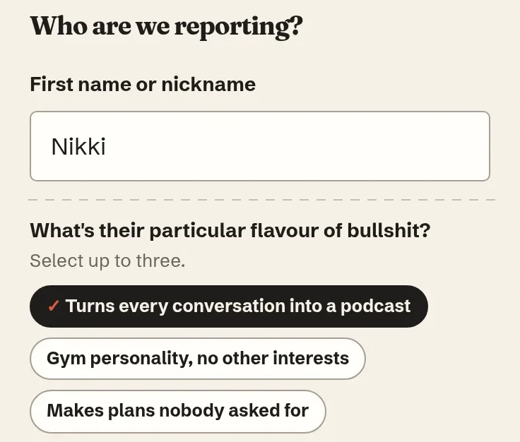Screenshot: the free report form's name field, with Nikki filled in, and the habit choices