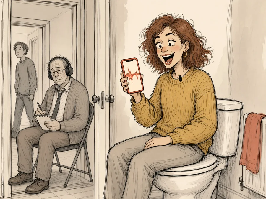 Sample page 2 illustration: Nikki recording a voice note while Dr Doug Deeper waits outside the door with headphones on