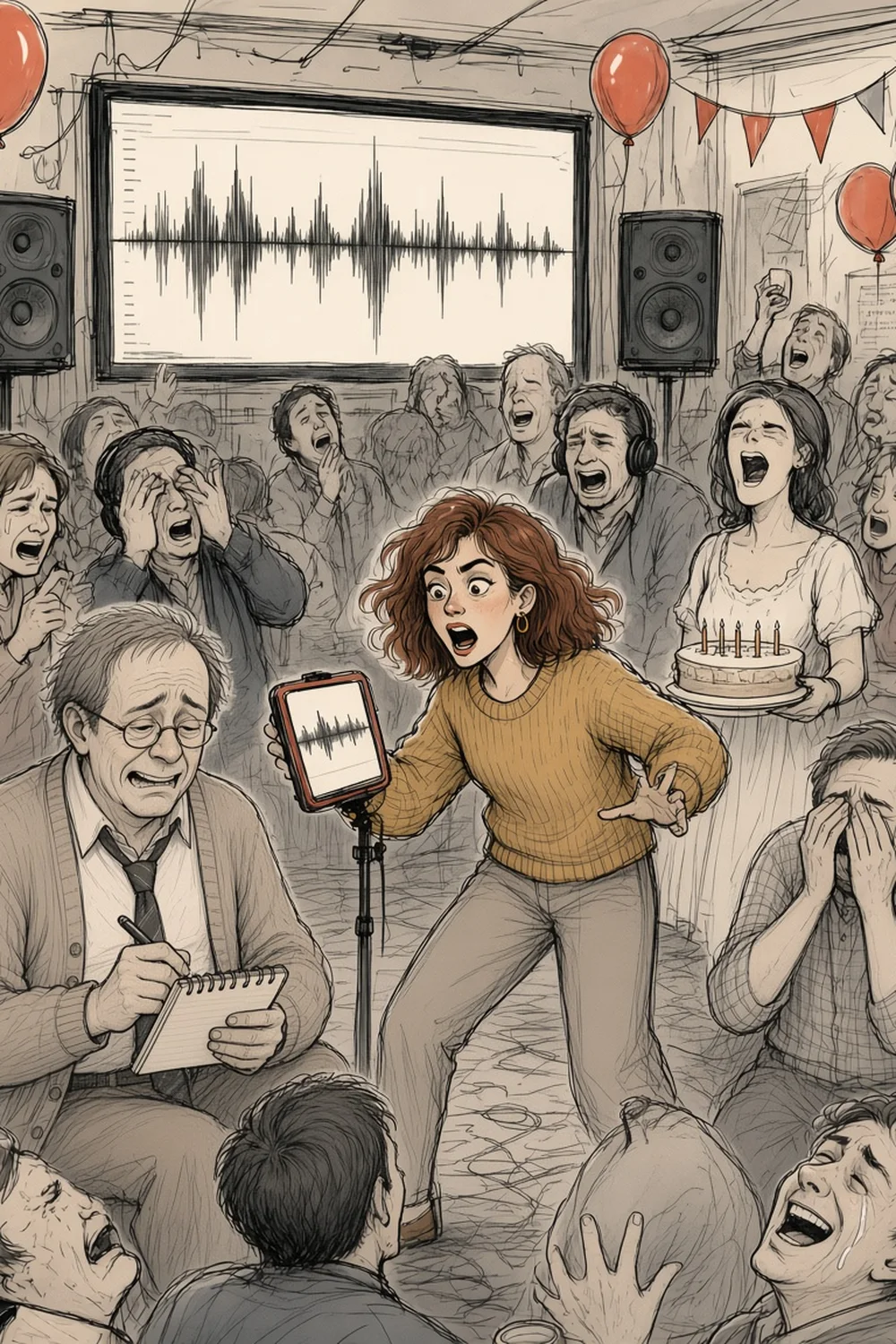 Sample page 5 illustration: Nikki lunging for her phone at a birthday party while the whole room hears her voice note