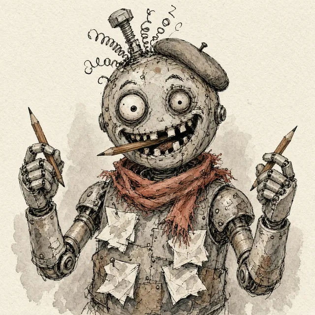 Ink and wash drawing of Marlow, a lopsided creative robot in a beret with springs bursting out of its head