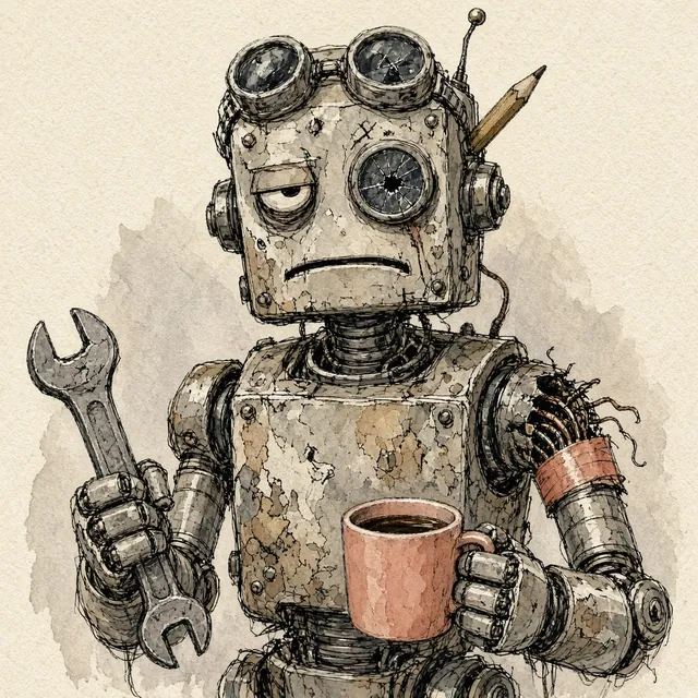 Ink and wash drawing of Rook, a boxy, dented engineering robot with goggles, a wrench and a coffee mug, out of patience