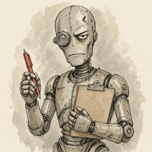 Ink and wash drawing of Sasha, a tall, suspicious quality-control robot with an eye loupe, a clipboard and a red pen
